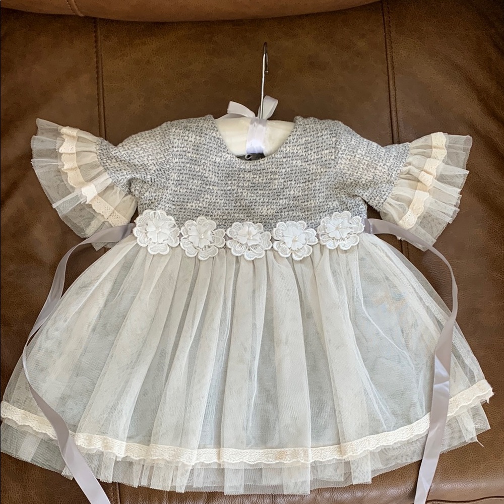 Gray and Cream Baby Dress with Floral Accents